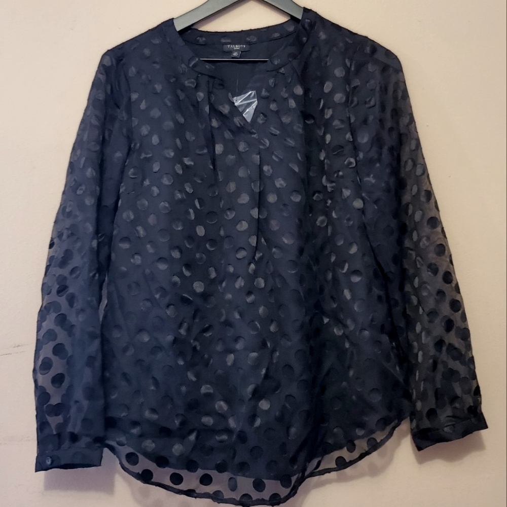 Talbots Sheer Polka Dot Long Sleeve Blouse - black